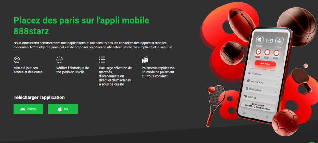 Interface et fonctionnalités de l'application 888starz